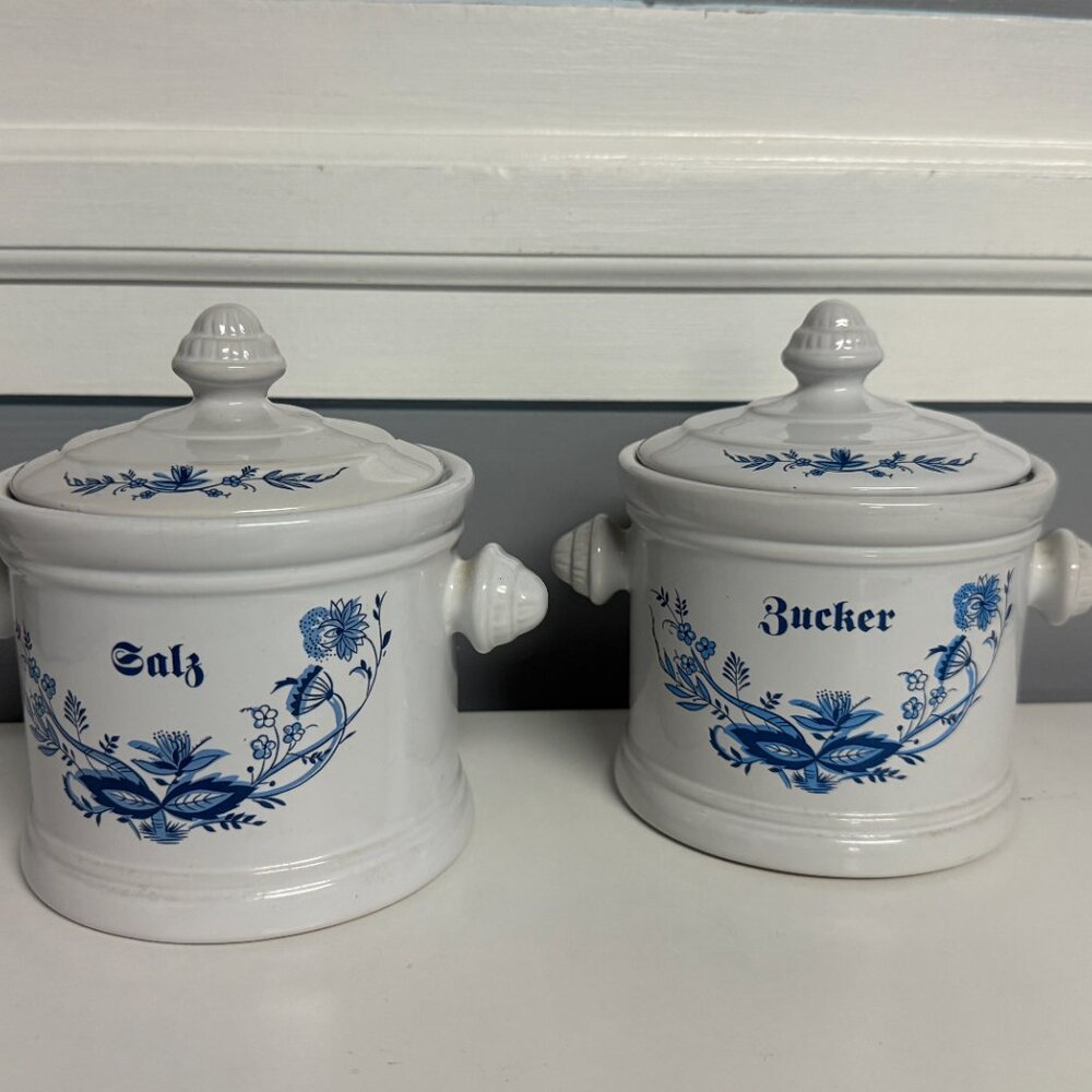 Two Vintage Jager Eisenberg Kitchen Porcelain Pots White w/Blue Flower Print